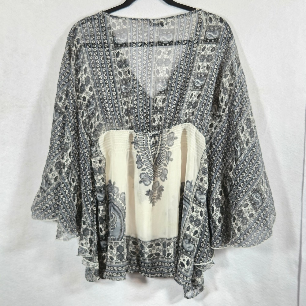 Cotton Express Boho Sheer Paisley Poncho Tunic Large Gray Patchwork Bell Sleeve